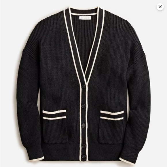 J. Crew Tipped V Neck Cotton Cardigan Sweater L Black Preppy Academia Classic - Picture 1 of 12